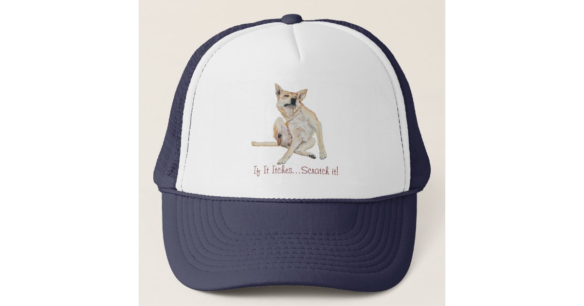 itchy dog scratching picture with funny slogan trucker hat