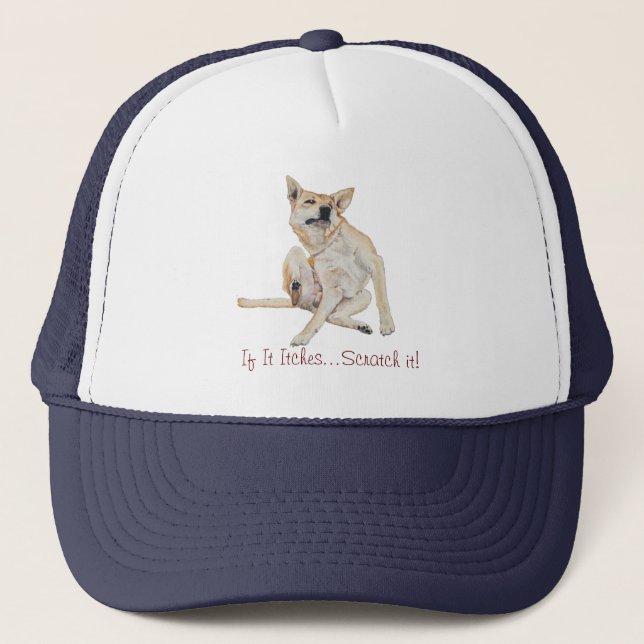 itchy dog scratching picture with funny slogan trucker hat (Front)