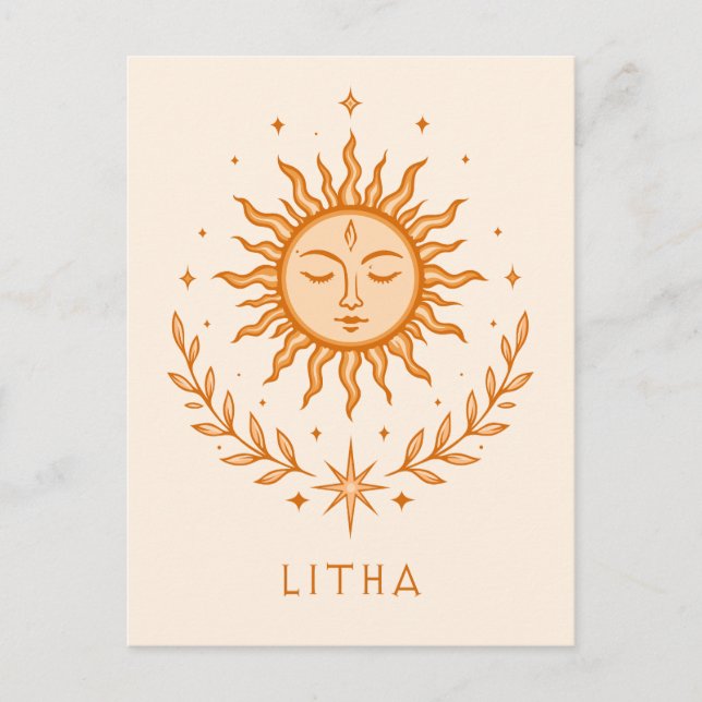 itha Celestial Sun Face Botanical Wreath Art Postcard (Front)