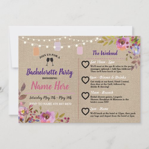 Itinerary Bachelorette Party Floral Jars Burlap Invitation