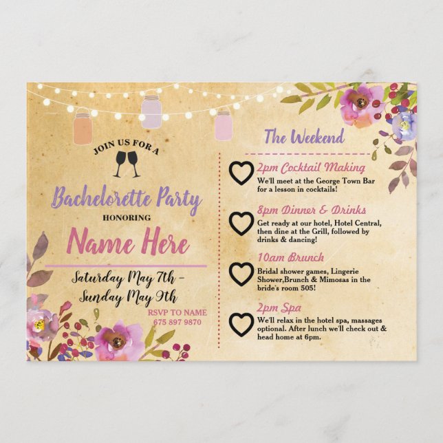 Itinerary Bachelorette Party Floral Jars Pink Wood Program (Front)