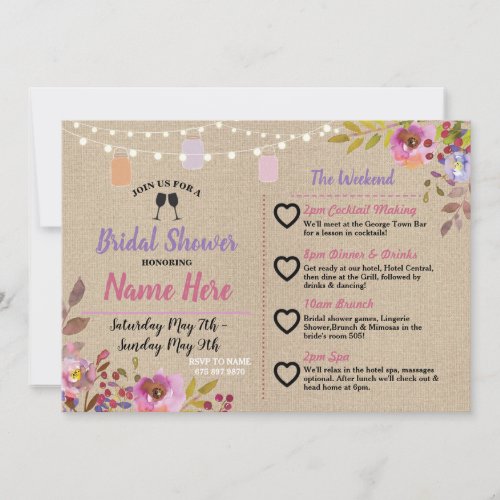 Itinerary Bridal Shower Floral Jars Pink Wood Invitation