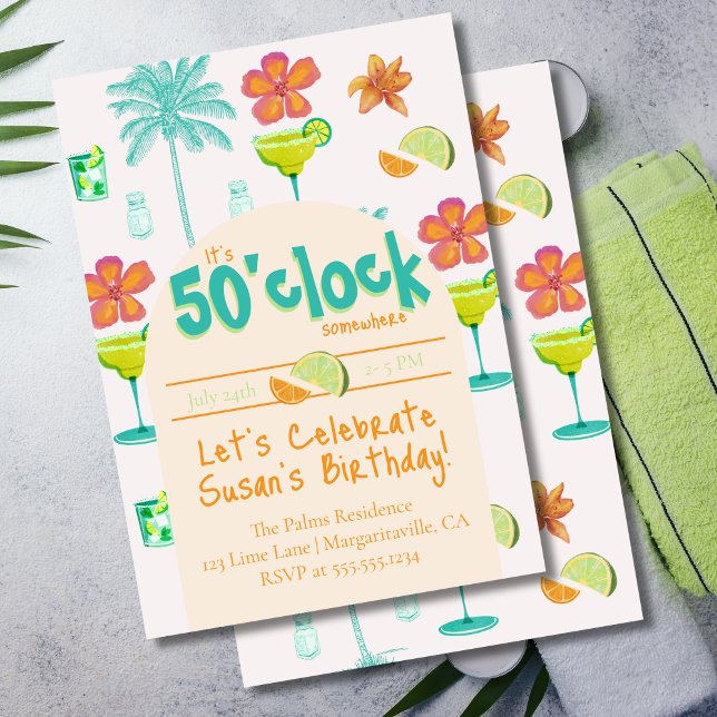 It's 50 O'clock Somewhere Party Theme  Invitation (It's 50'clock Somewhere! Celebrate the occasion with this tropical green invite.)