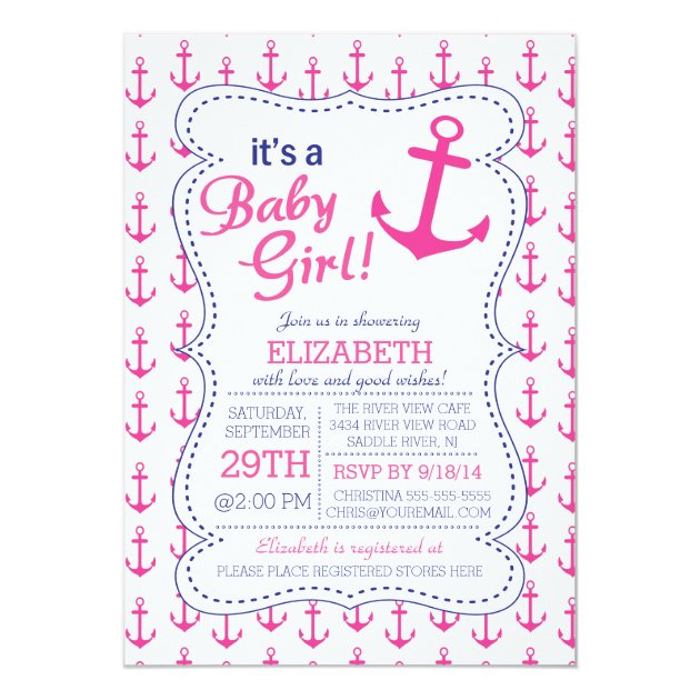 It's A Baby Girl Anchor Nautical Baby Shower Invitation