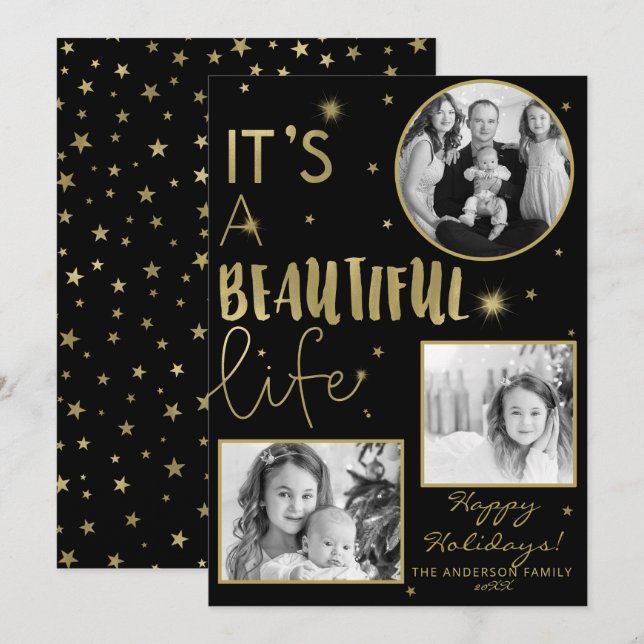 It's A Beautiful Life Black Gold Stars Holiday Invitation (Front/Back)