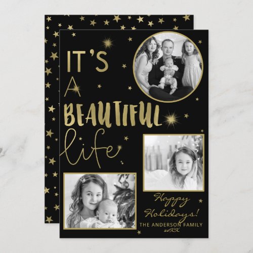 Its A Beautiful Life Black Gold Stars Holiday Invitation