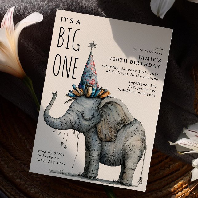 It's a BIG ONE' Funny Whimsical Elephant Birthday Invitation (Creator Uploaded)