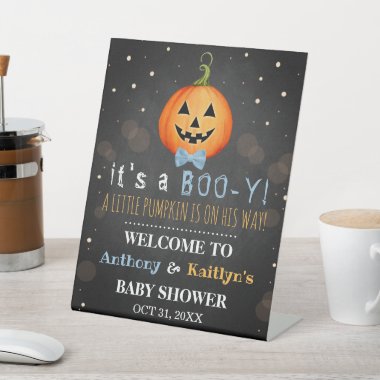 It's A Boo-y! Little Pumpkin Halloween Baby Shower Pedestal Sign