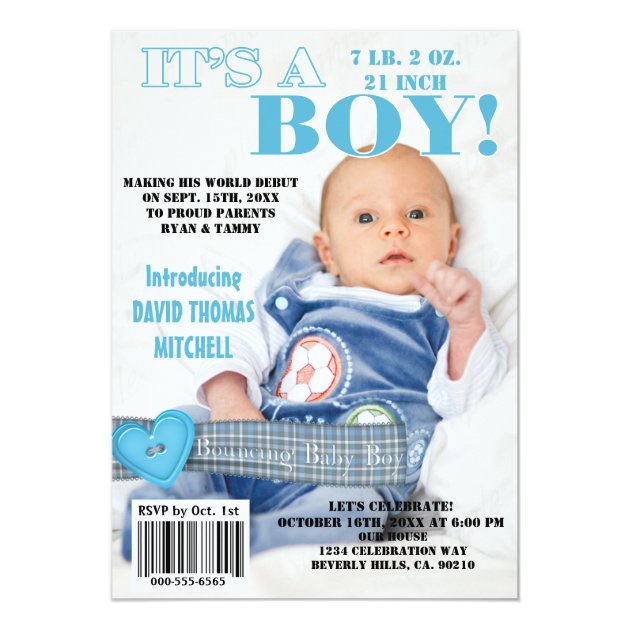 It's A Bouncing Baby Boy Magazine Cover Invitation