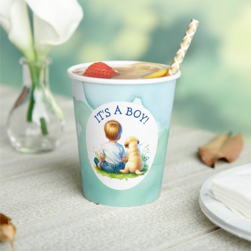Its a Boy  A Baby and his Dog Baby Shower Paper Cups