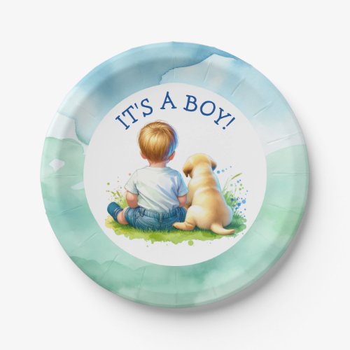 Its a Boy  A Baby and his Dog Baby Shower Paper Plates