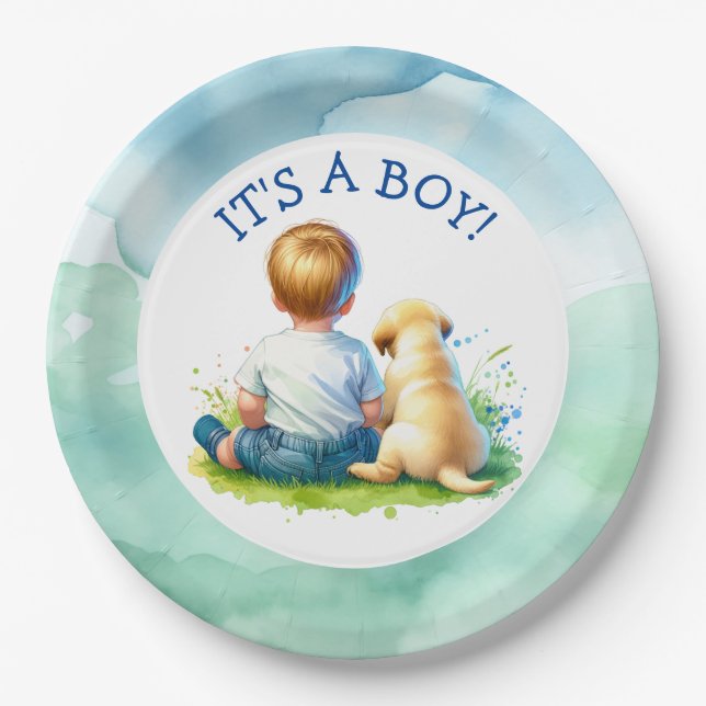 It's a Boy | A Baby and his Dog Baby Shower Paper Plates (Front)