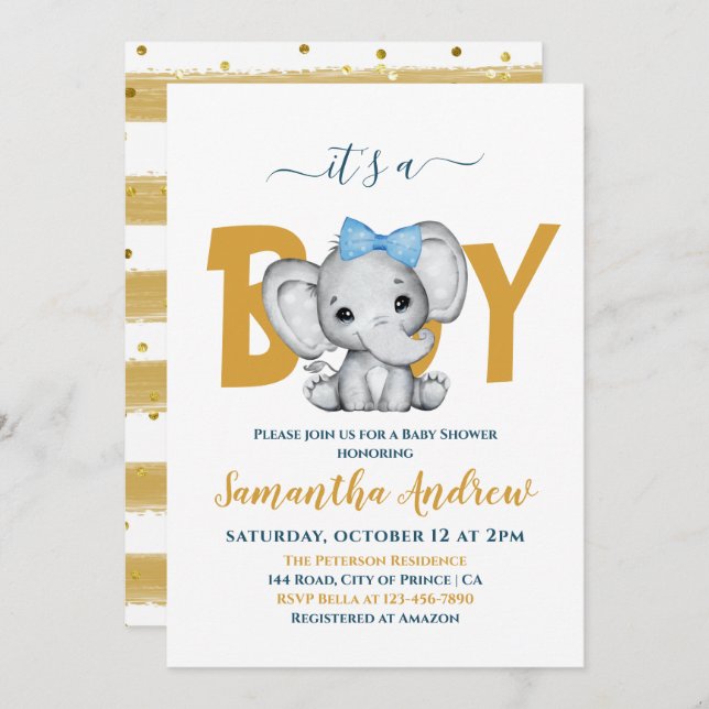 It's a Boy Adorable Baby Elephant Baby Shower Invi Invitation (Front/Back)