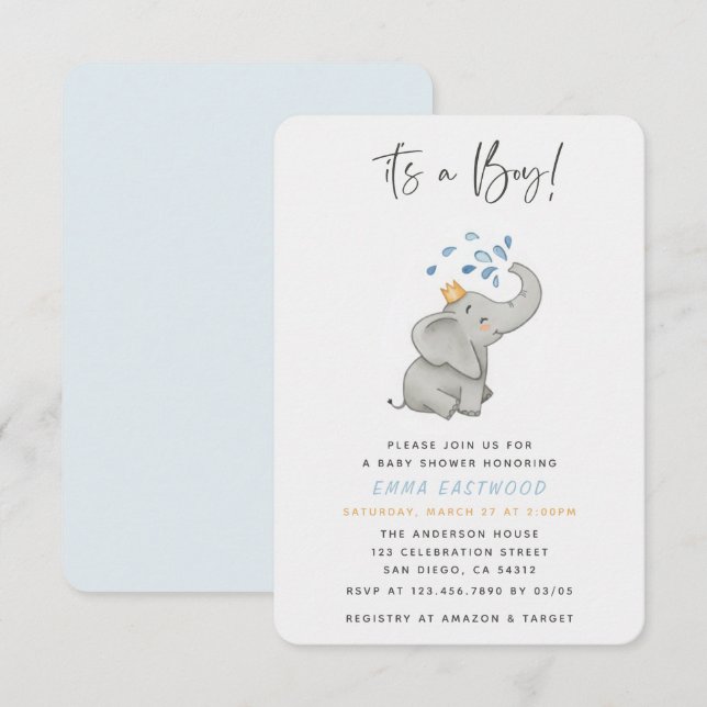 It's a Boy Adorable Elephant Sprinkle Baby Shower Invitation (Front/Back)