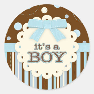 It's a Boy All in Blue Stitches & Bow Baby Shower Classic Round Sticker