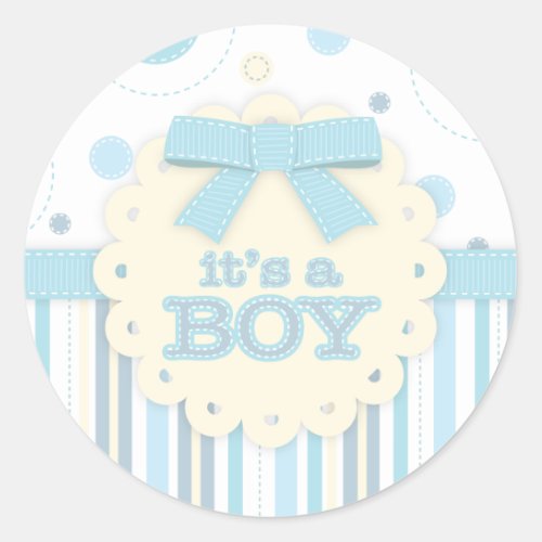 Its a Boy All in Blue Stitches  Bow Baby Shower Classic Round Sticker