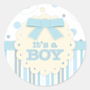 It's a Boy All in Blue Stitches & Bow Baby Shower Classic Round Sticker