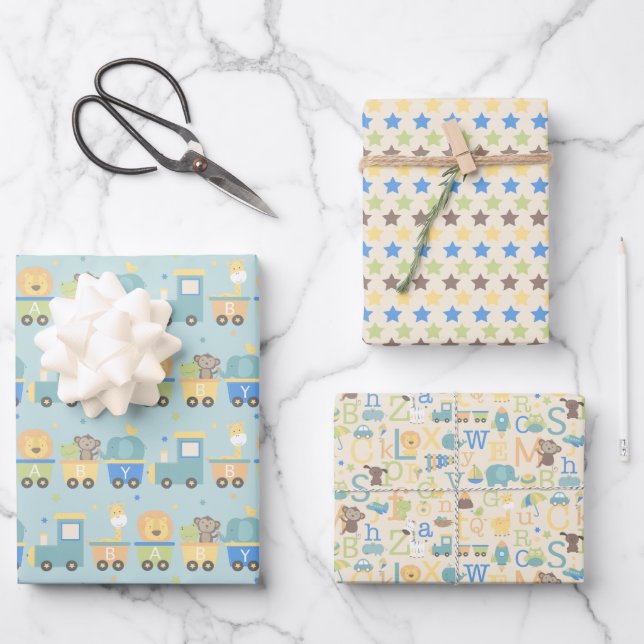 It's a Boy Animal Alphabet Train Baby Shower Wrapping Paper Sheets (Front)