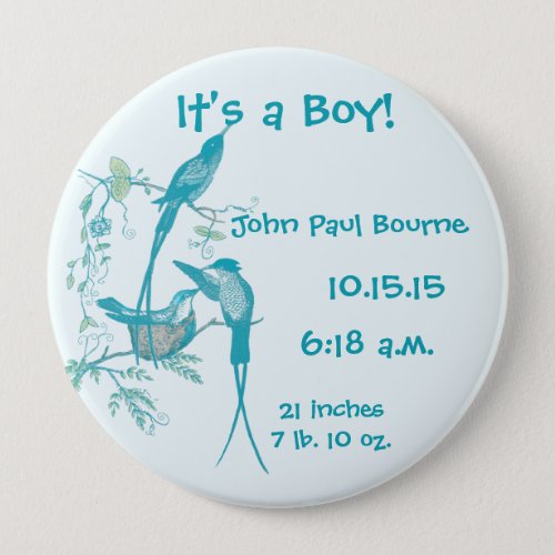 Its A boy Aqua Vintage Bird Mom Dad Baby Button