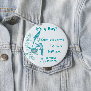 It's A boy! Aqua Vintage Bird Mom Dad Baby Button
