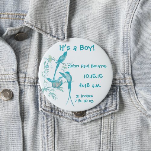 Its A boy Aqua Vintage Bird Mom Dad Baby Button