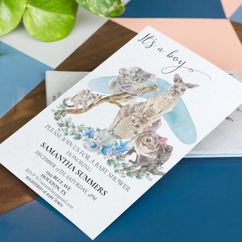 Its a Boy Australian Animal Baby Shower Blue Invitation