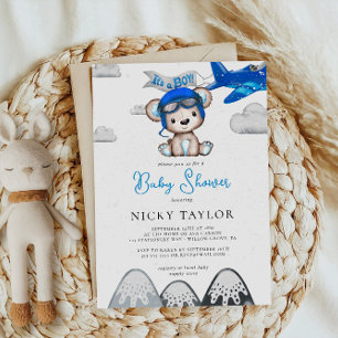 Its a Boy Aviator Bear Plane Winter Baby Shower Invitation