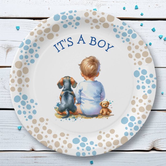 It's a Boy | Baby and Dachshund Puppy Baby Shower Paper Plates (Creator Uploaded)