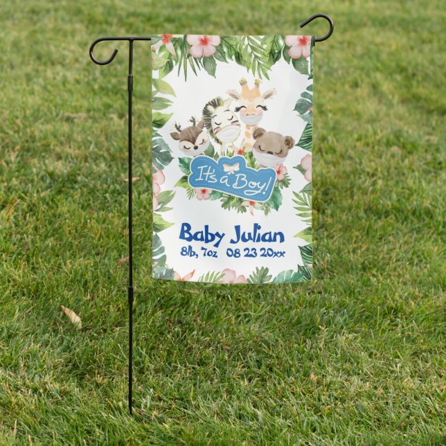 It's a Boy Baby Announcement Cute Safari Garden Flag (In SItu)
