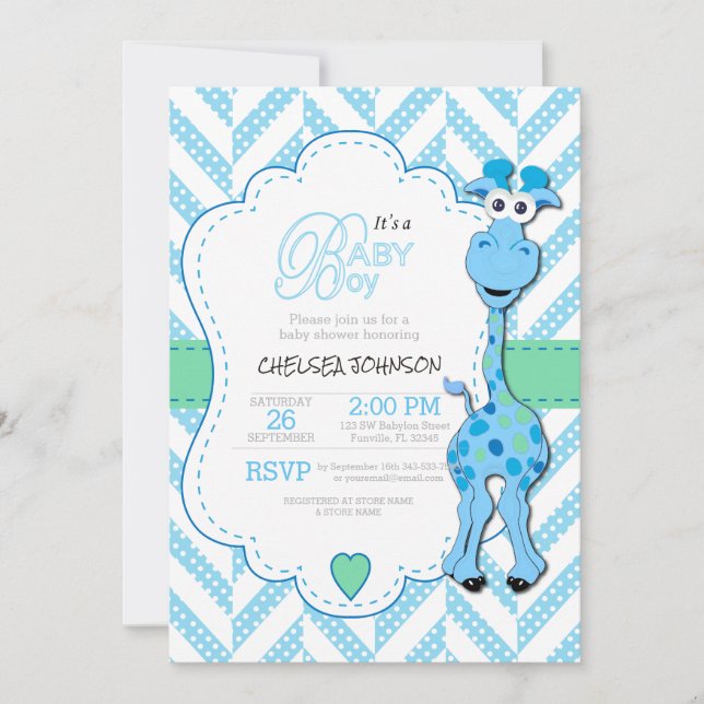 It's a Boy - Baby Blue Giraffe - Baby Shower Invitation (Front)