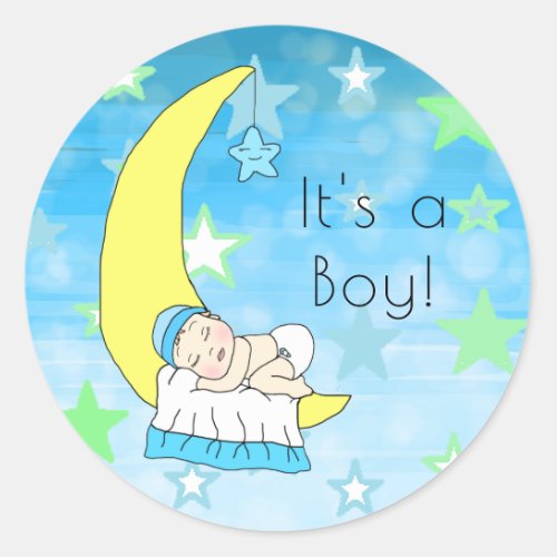 Its a Boy Baby Boy on Moon and Stars Classic Round Sticker