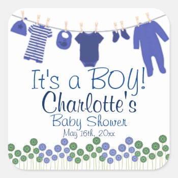 It's A Boy! Baby Clothesline Baby Shower Square Sticker by LaBebbaDesigns at Zazzle