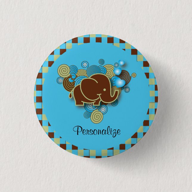 It's A Boy | Baby Elephant | Blue & Brown Plaid Button (Front)