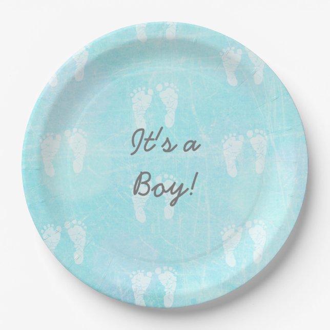 It's a Boy, Baby Footprints Blue Baby Shower Paper Plates (Front)