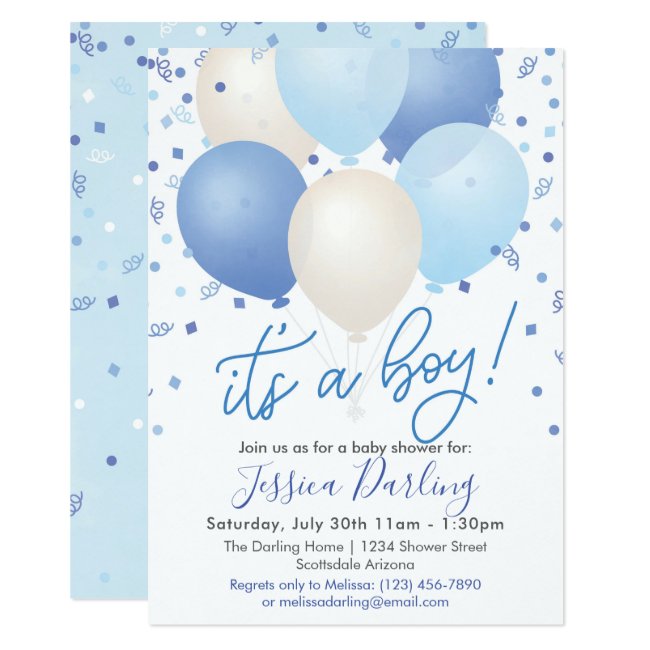 It's a Boy Baby Shower Blue Balloons and Confetti Invitation