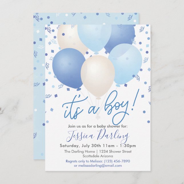 It's a Boy Baby Shower Blue Balloons and Confetti Invitation (Front/Back)