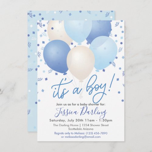 Its a Boy Baby Shower Blue Balloons and Confetti Invitation
