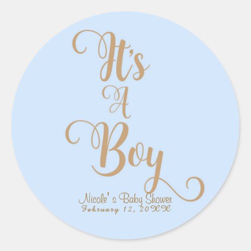 Its A Boy Baby Shower Blue  Gold Custom Favor Classic Round Sticker