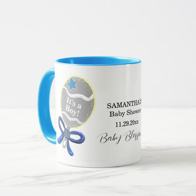 It's a Boy Baby Shower Blue Rattle Mom to be Name Mug (Front Left)