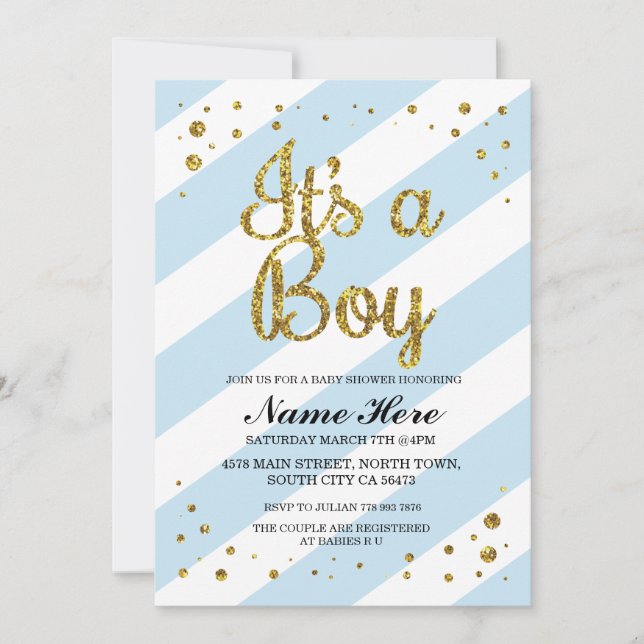 It's a Boy Baby Shower Blue Stripe Gold Invite (Front)