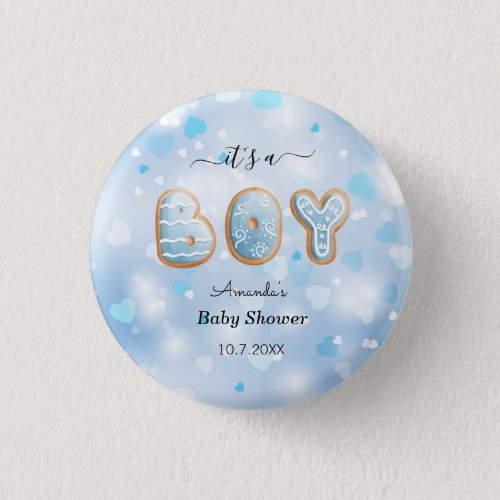 Its a Boy Baby Shower Blue White Hearts Pattern Button