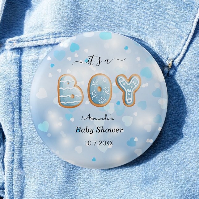 Its a Boy Baby Shower Blue White Hearts Pattern Button (Creator Uploaded)