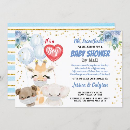 Its a Boy Baby Shower By Mail Cute Animals Masks Invitation