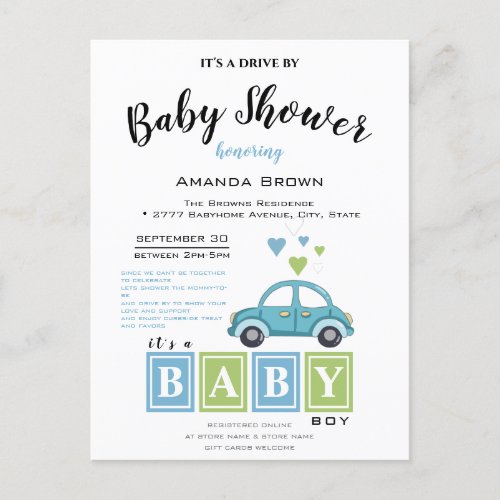 Its a Boy Baby Shower Drive By Invitation Postcard
