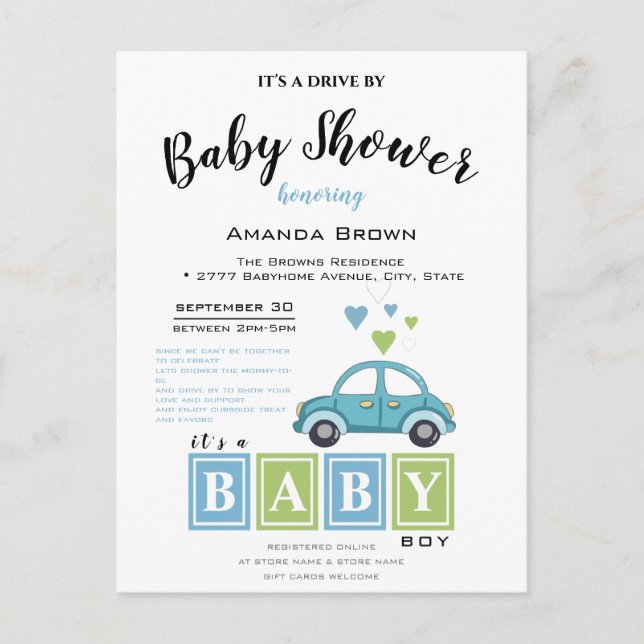 It's a Boy, Baby Shower Drive By Invitation Postcard (Front)