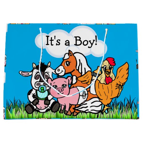 Its a Boy Baby Shower Farm Animals Themed Large Gift Bag