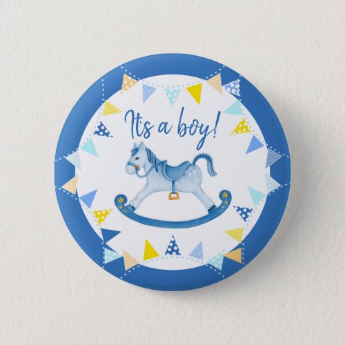 Its a boy baby shower gender reveal hobby horse button