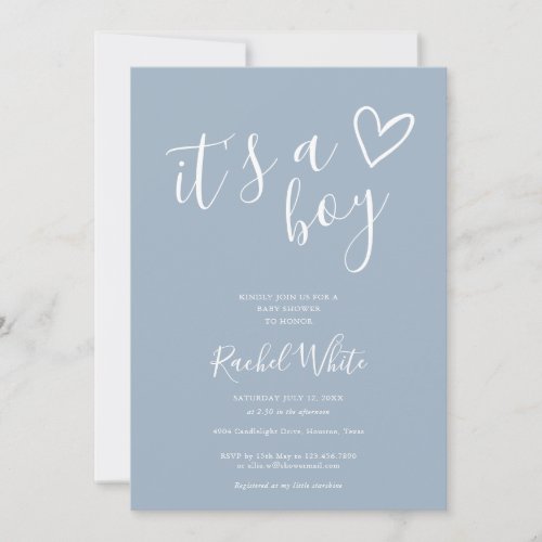 Its A Boy Baby Shower Heart Dusty Blue Minimalist Invitation