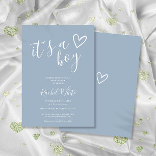 It's A Boy Baby Shower Heart Dusty Blue Minimalist Invitation