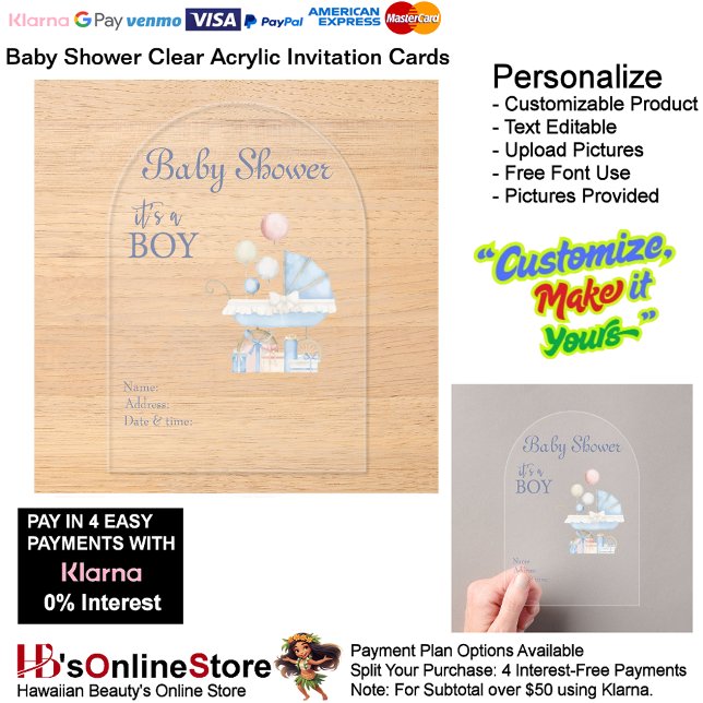 It's a Boy Baby Shower Invitation Card 16 (Boy's Baby Shower Birth Party Supplies Celebrate Clear Acrylic Invitations 16.)